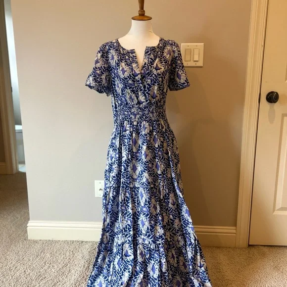 Anthropologie Blue and White Maxi Sundress with Flutter Sleeves - Picture 1 of 3